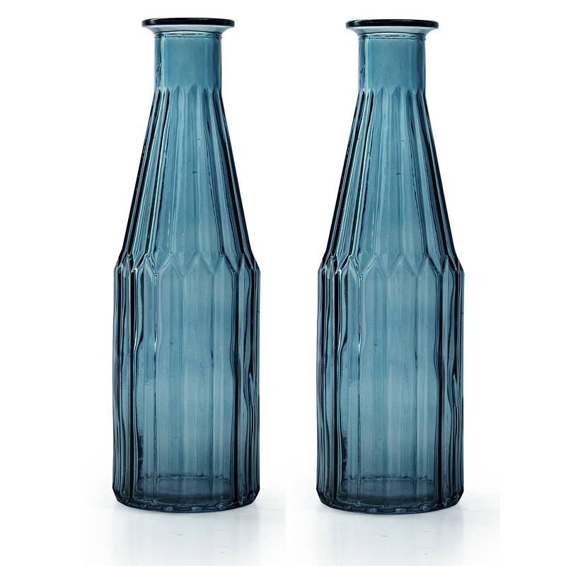 Foto van Jodeco - bloemenvaas marseille - 2x - fles model - glas - blauw - h25 x d7 cm - vazen