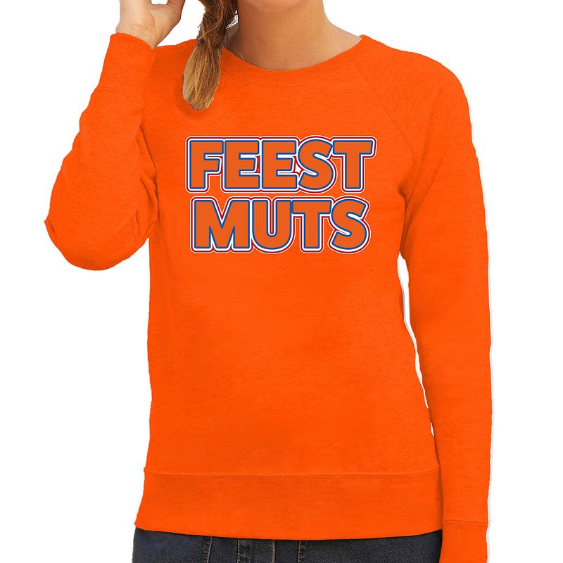 Foto van Oranje koningsdag sweater - feestmuts - dames m - feesttruien