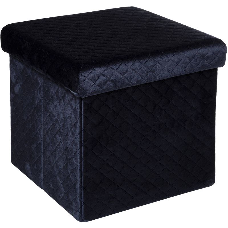 Foto van Atmosphera poef/hocker/voetenbankje - opbergbox - fluweel donkerblauw - po/mdf - 31 x 31 x 31 cm - poefs