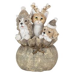 Foto van Clayre & eef kerstdecoratie beeld honden en kat 8*7*12 cm grijs beige wit kunststof decoratief figuur decoratieve