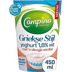 Foto van Campina griekse stijl yoghurt 1,8% vet met 'sn vleugje aardbei 450g bij jumbo