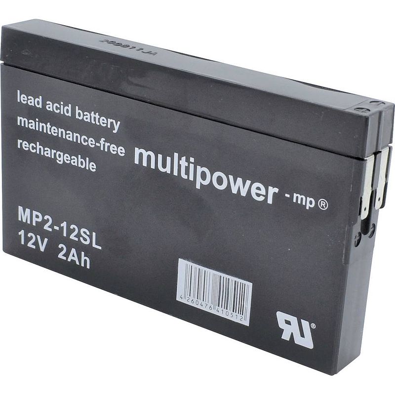 Foto van Multipower mp2-12sl loodaccu 12 v 2 ah loodvlies (agm) (b x h x d) 148 x 90 x 20 mm kabelschoen 4.8 mm onderhoudsvrij, geringe zelfontlading