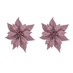 Foto van 2x stuks decoratie bloemen kerstster roze glitter op clip 18 cm - kersthangers