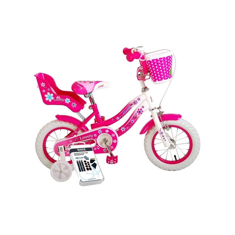 Foto van Volare kinderfiets lovely - 12 inch - roze/wit - inclusief ways bandenplakset