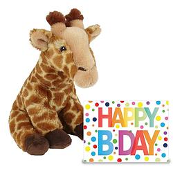 Foto van Knuffel giraffe 23 cm cadeau sturen met xl happy birthday wenskaart - knuffeldier