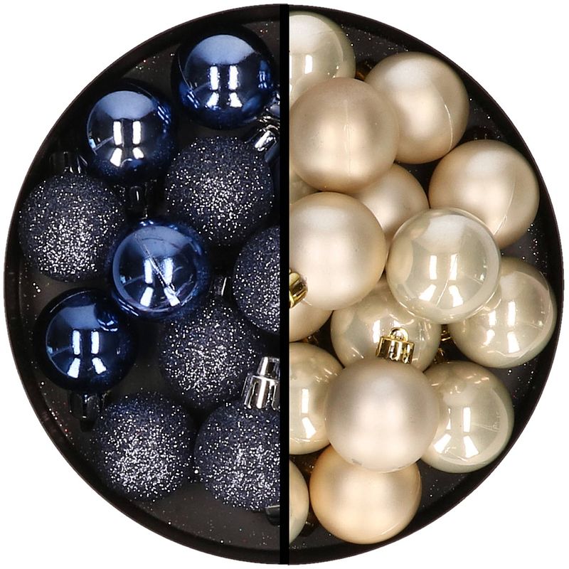 Foto van 36x stuks kunststof kerstballen donkerblauw en champagne 3 en 4 cm - kerstbal