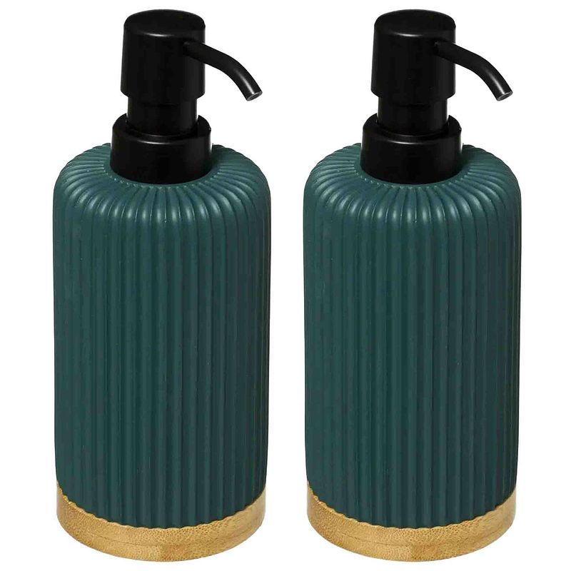 Foto van 2x stuks zeeppompjes/zeepdispensers van kunststeen - groen - 270 ml - zeeppompjes