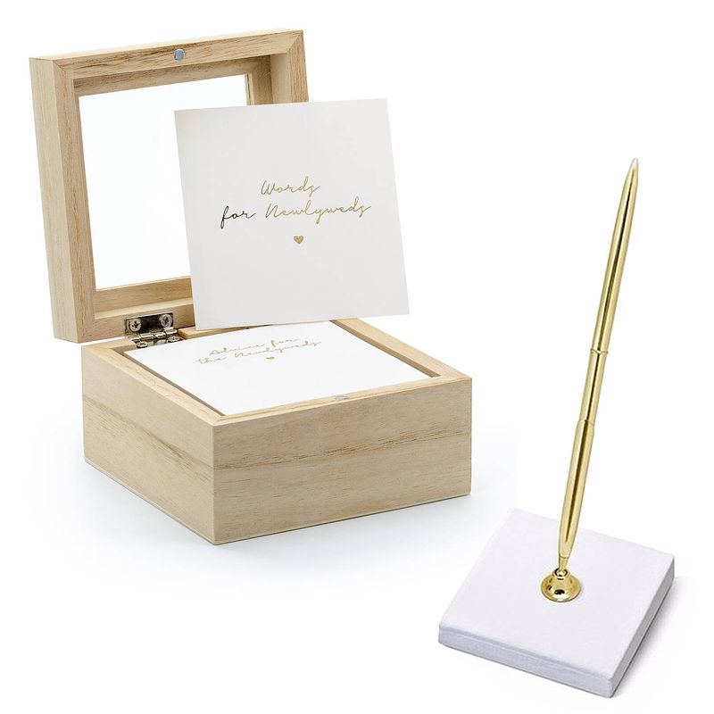 Foto van Gastenboek/huwelijksadvies box met luxe pen in houder - bruiloft - wit/goud - 10 x 6 cm - gastenboeken