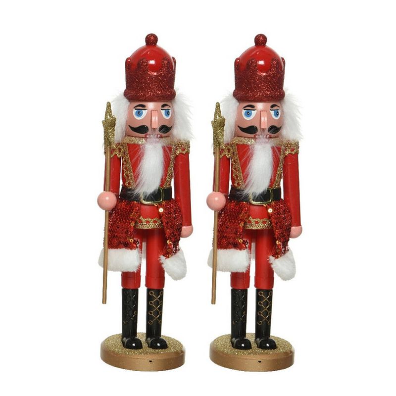 Foto van 2x stuks kerstbeeldjes kunststof notenkraker poppetjes/soldaten rood 28 cm kerstbeeldjes - kerstbeeldjes