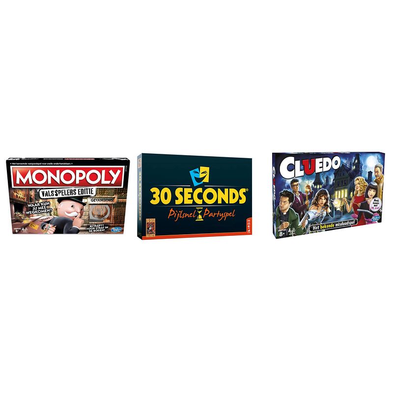 Foto van Spellenbundel - bordspellen - 3 stuks - monopoly valsspelerseditie & 30 seconds & cluedo