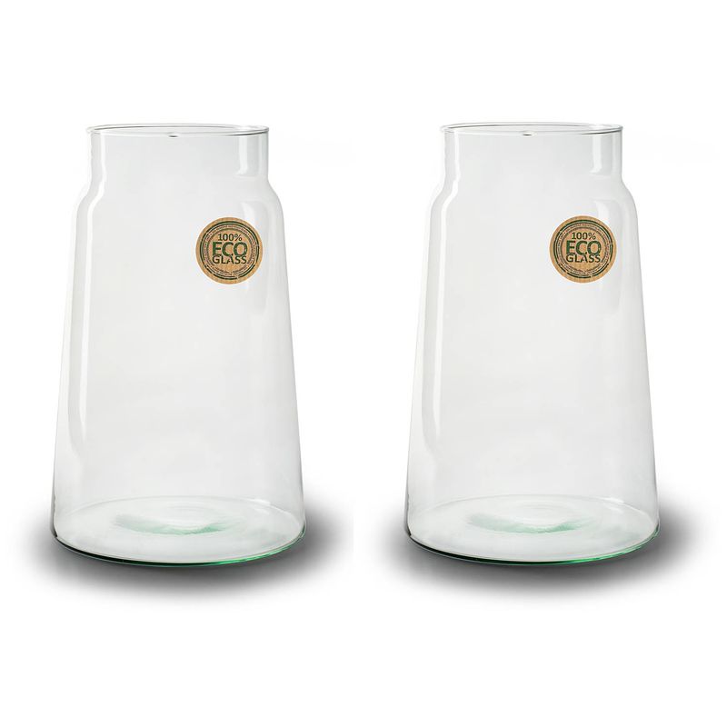 Foto van Set van 2x stuks bloemenvazen - eco glas transparant - h30 x d19 cm - vazen