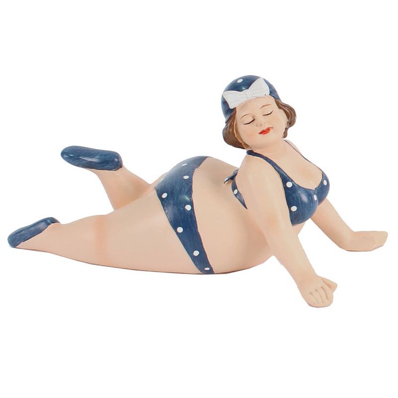 Foto van Home decoratie beeldje dikke dame liggend - donkerblauw badpak - 20 cm - beeldjes