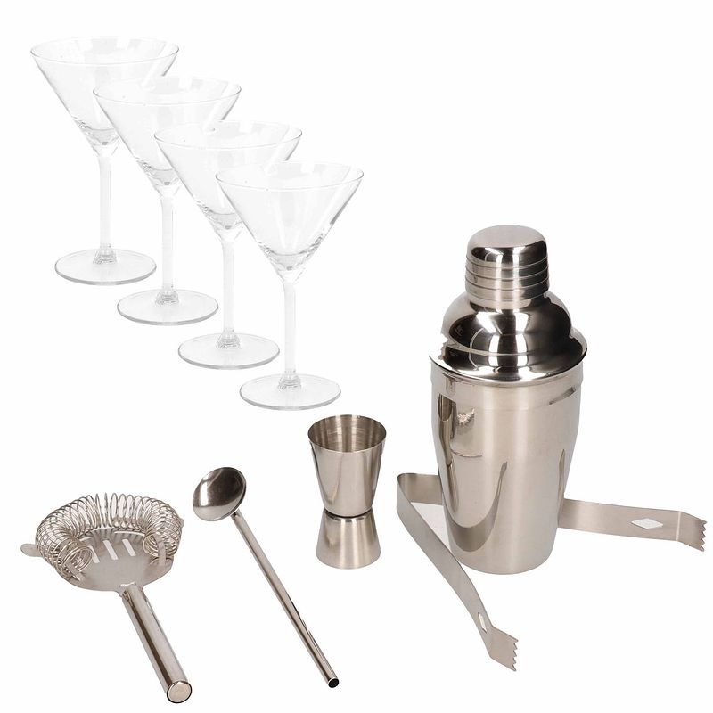 Foto van Cocktail set inclusief cocktailshaker en 4x luxe cocktailglazen/martiniglazen - cocktailshakers