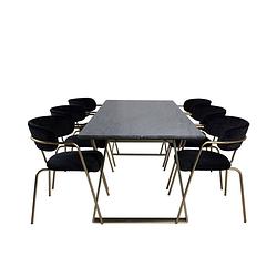 Foto van Estelleblbr eethoek eetkamertafel zwart, marmer en 6 arrow eetkamerstal velours zwart.