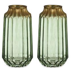 Foto van Bloemenvazen 2x stuks - luxe deco glas - groen transparant/goud - 13 x 23 cm - vazen
