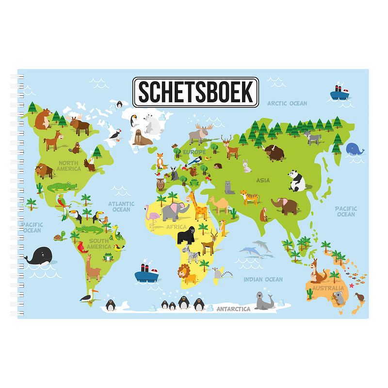 Foto van A4 dieren wereldkaart schetsboek/ tekenboek/ kleurboek/ schetsblok wit papier - schetsboeken