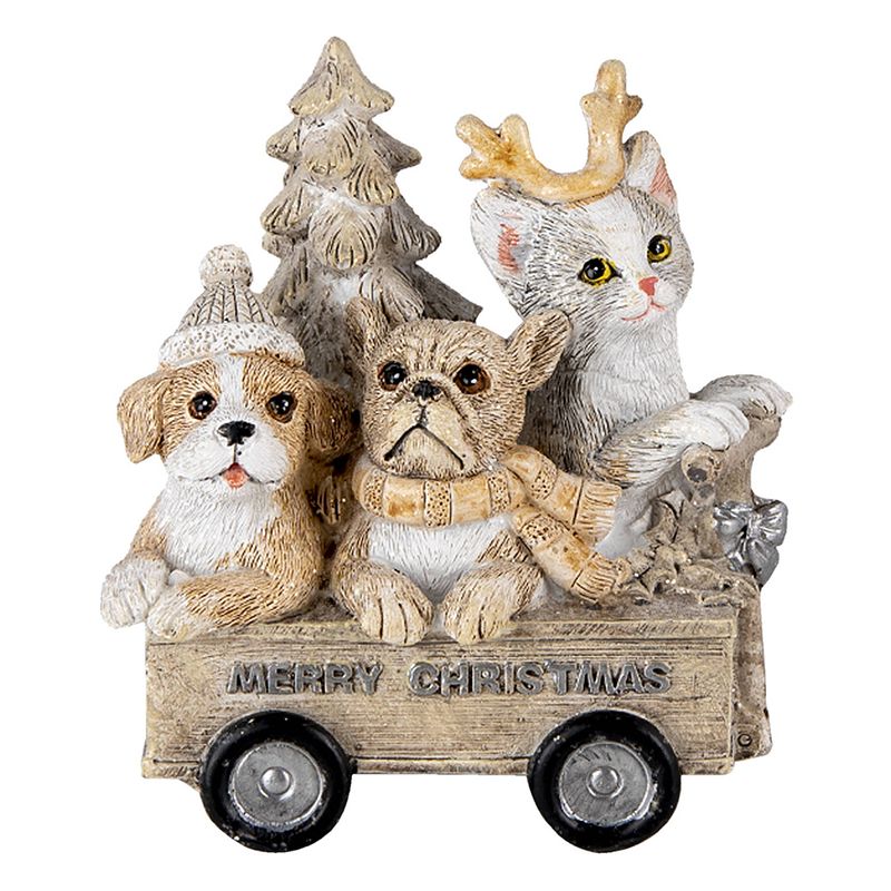 Foto van Clayre & eef kerstdecoratie beeld honden en kat 9*7*11 cm grijs beige wit kunststof merry christmas decoratief figuur