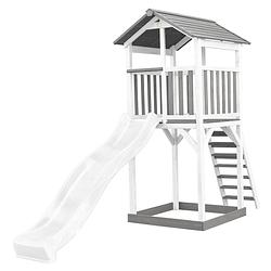 Foto van Axi beach tower speeltoestel van hout in grijs & wit speeltoren met zandbak en witte glijbaan