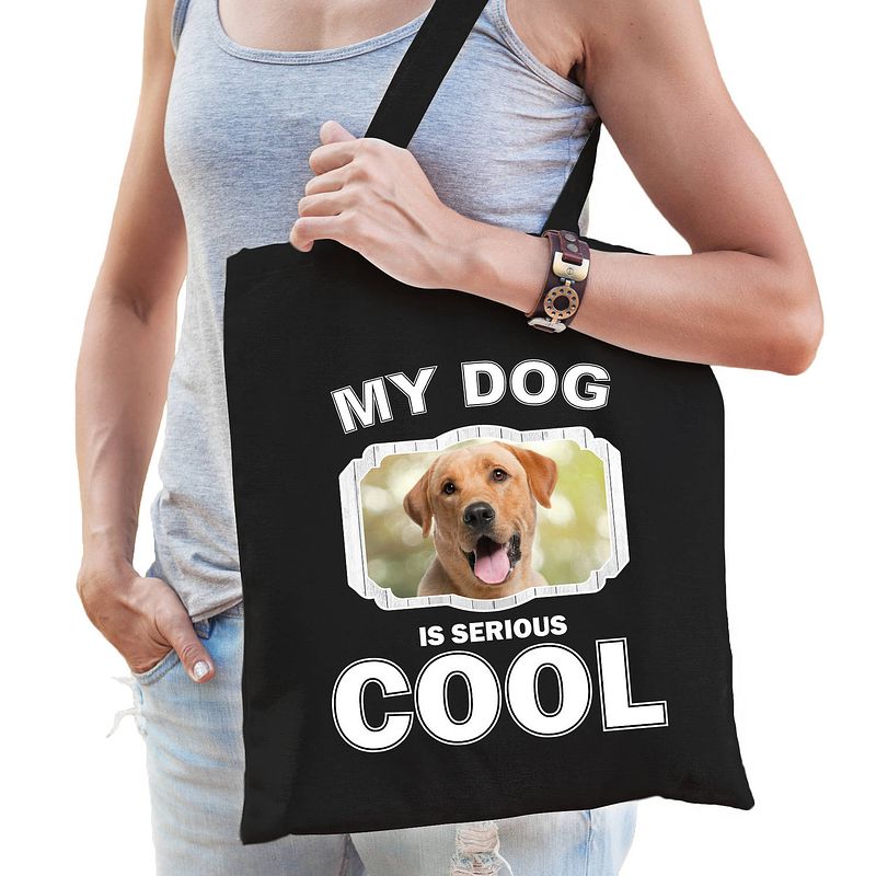 Foto van Katoenen tasje my dog is serious cool zwart - labrador retriever honden cadeau tas - feest boodschappentassen