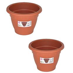 Foto van Set van 2x stuks terra cotta kleur ronde plantenpot/bloempot kunststof diameter 14 cm - plantenpotten