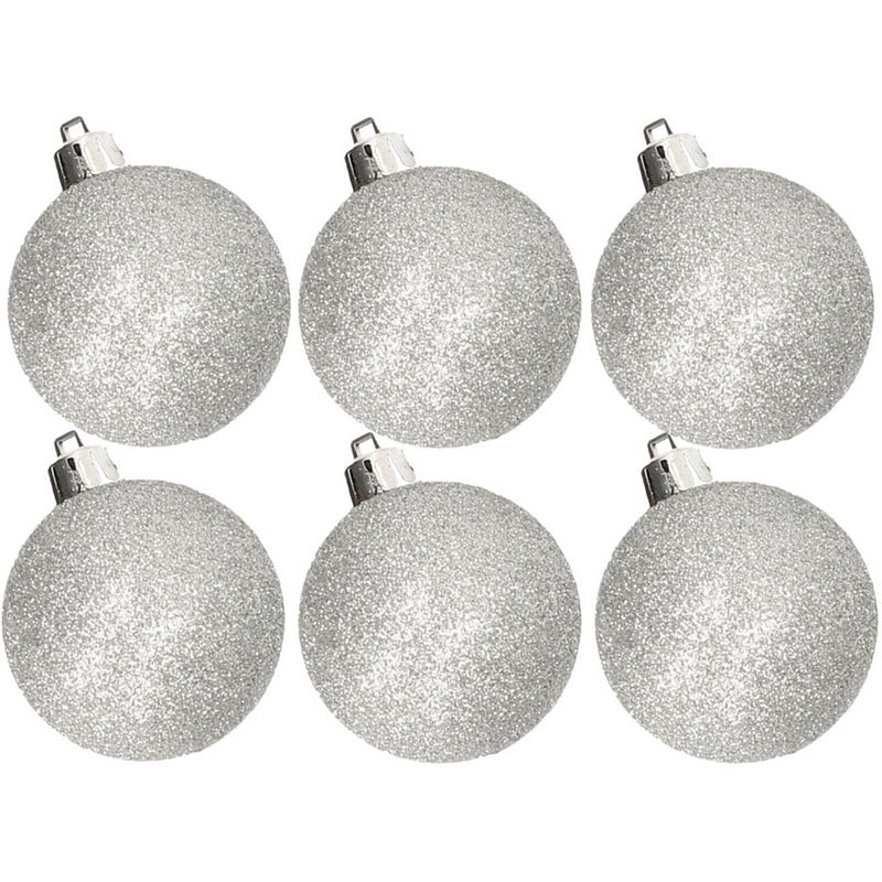 Foto van 6x stuks kunststof glitter kerstballen zilver 8 cm - kerstbal