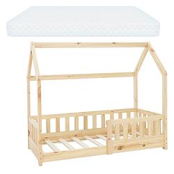 Foto van Kinderbed met bescherming tegen uitvallen lattenbodem en dak 70x140 cm dennenhout naturel ml-design