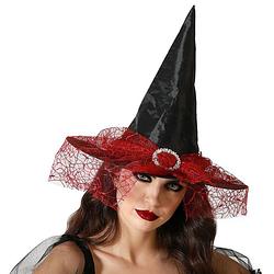 Foto van Halloween heksenhoed - met sluier  - one size - zwart/rood - meisjes/dames - verkleedhoofddeksels