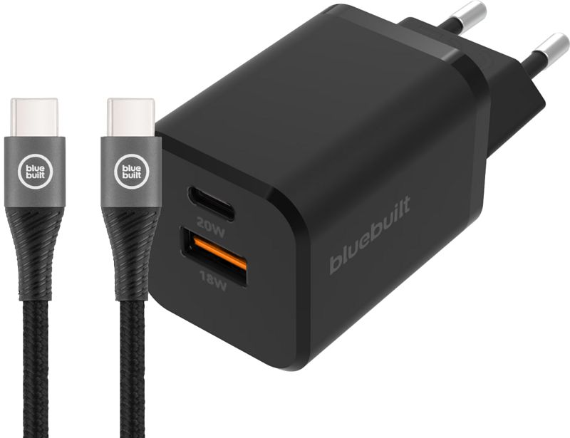 Foto van Bluebuilt snellader met 2 usb poorten 38w zwart + usb c kabel 1,5m