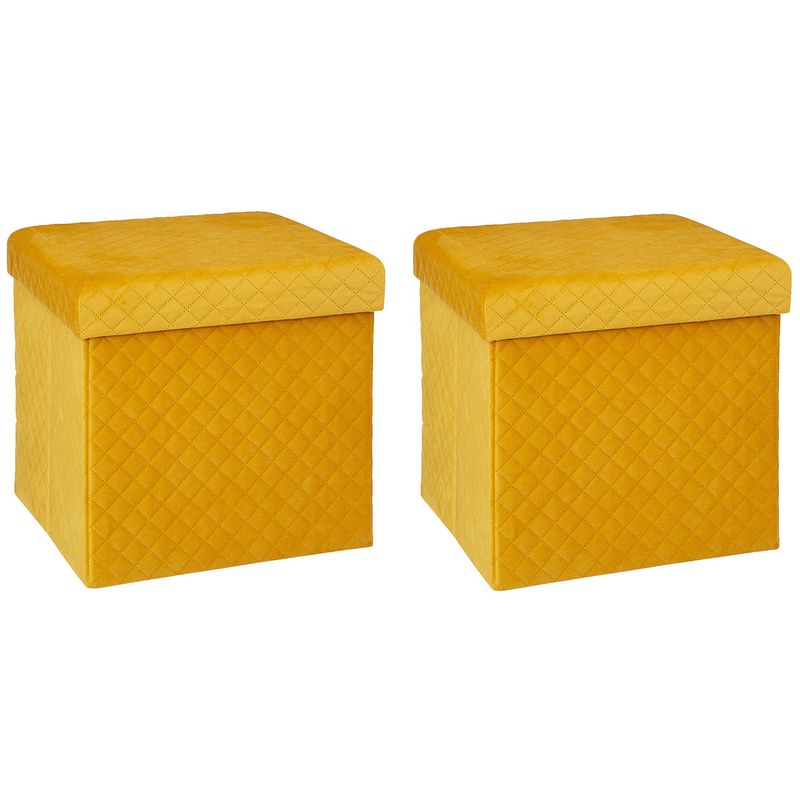 Foto van Atmosphera poef/hocker/voetenbankje - 2x - opbergbox - fluweel geel - po/mdf - 31 x 31 x 31 cm - poefs