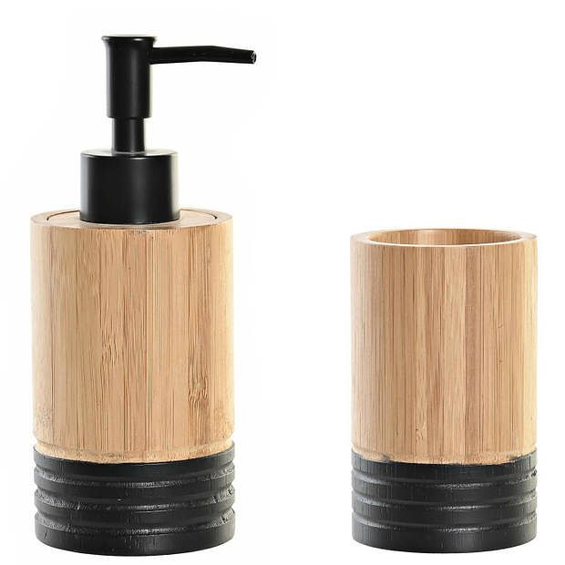 Foto van Badkamer accessoires setje drinkbeker en zeeppompje 17 cm bamboe/zwart - zeeppompjes