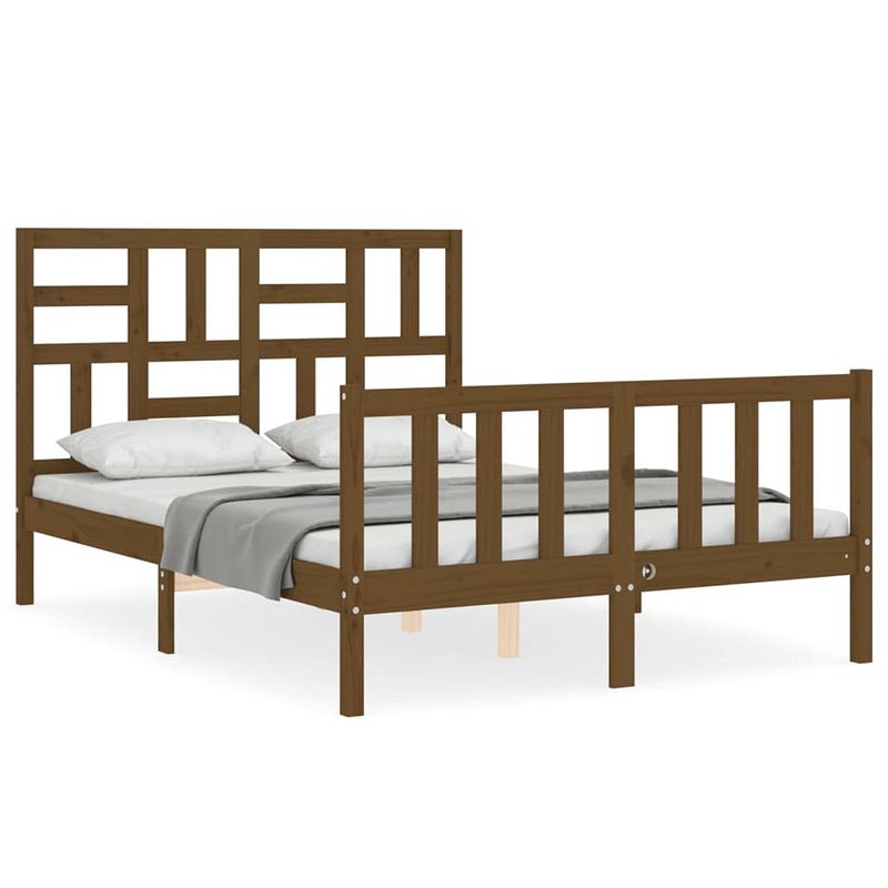 Foto van The living store massief grenenhouten bedframe - 205.5 x 145.5 x 104 cm - multiplex lattenbodem - honingbruin