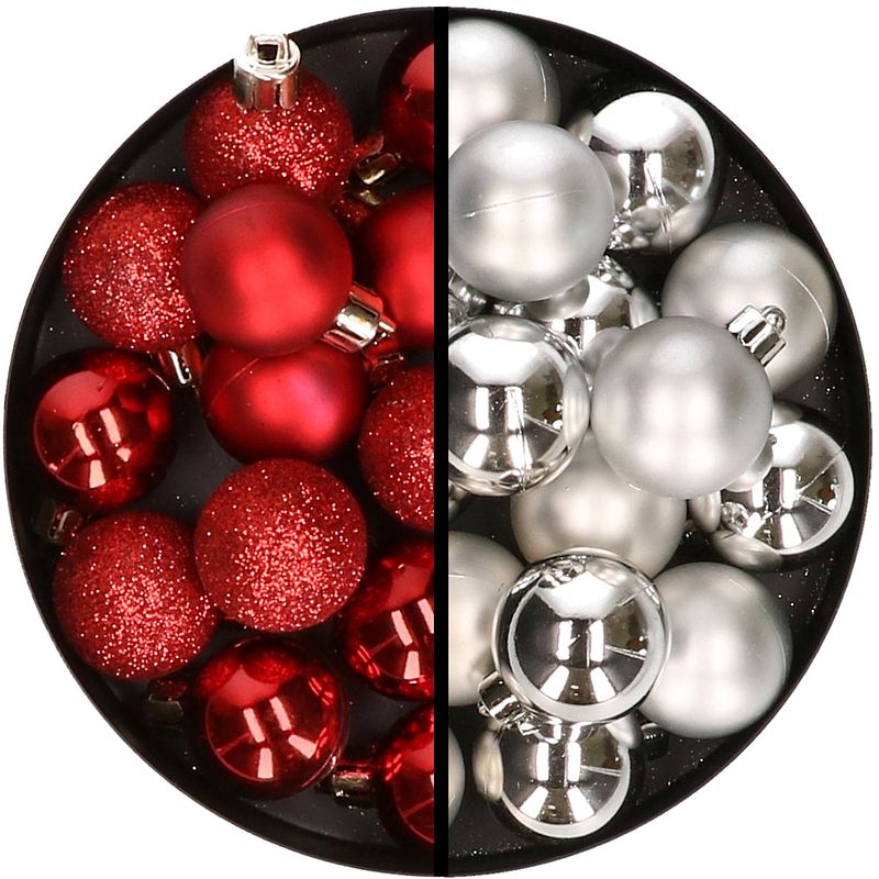 Foto van 36x stuks kunststof kerstballen rood en zilver 3 en 4 cm - kerstbal