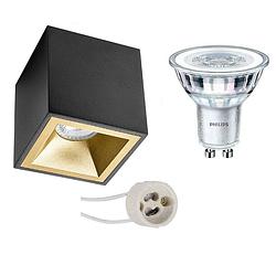 Foto van Opbouwspot set - pragmi cliron pro - gu10 fitting - opbouw vierkant - mat zwart/goud - verdiept - 90mm - philips -