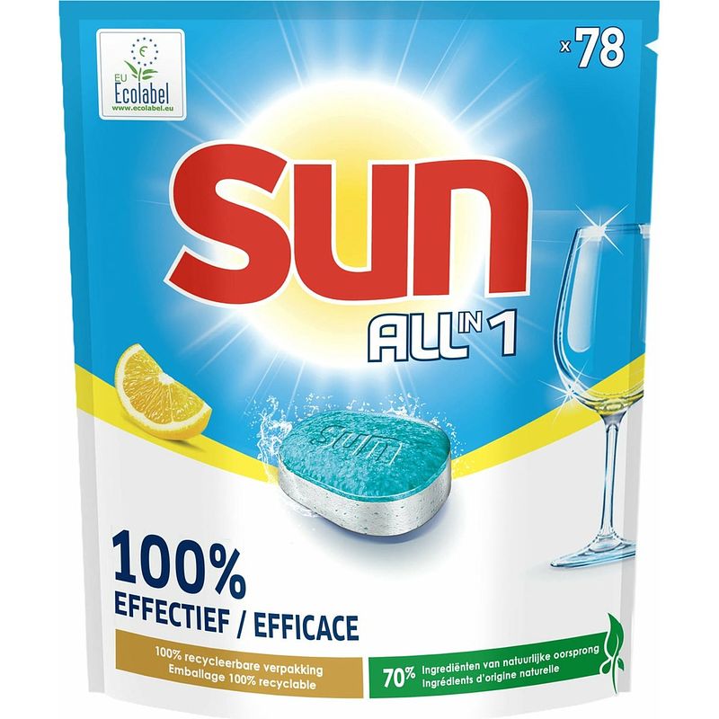 Foto van Sun - all-in-1 - vaatwastabletten - citroen - 100% oplosbaar tabletfolie - 78 stuks
