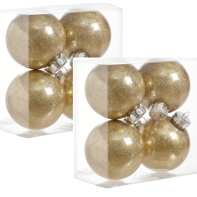 Foto van 8x stuks kunststof kerstballen met glitter afwerking goud 8 cm - kerstbal