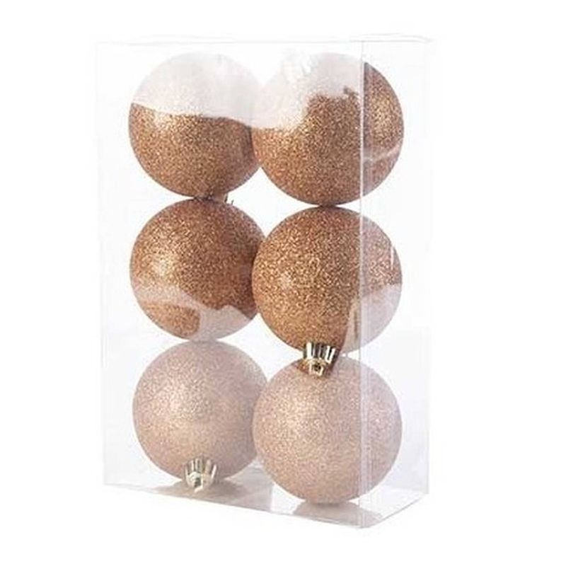 Foto van 12x kunststof kerstballen glitter koper 8 cm kerstboom versiering/decoratie - kerstbal