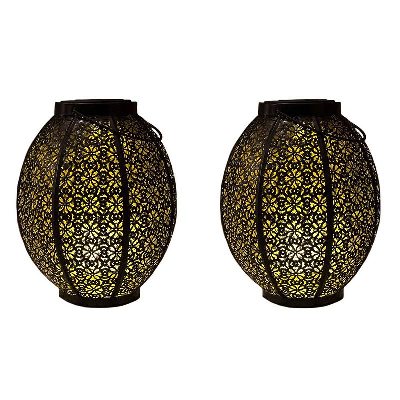 Foto van 2x stuks tuindecoratie solar lantaarns lampen zwart/goud metaal 23 cm - lantaarns
