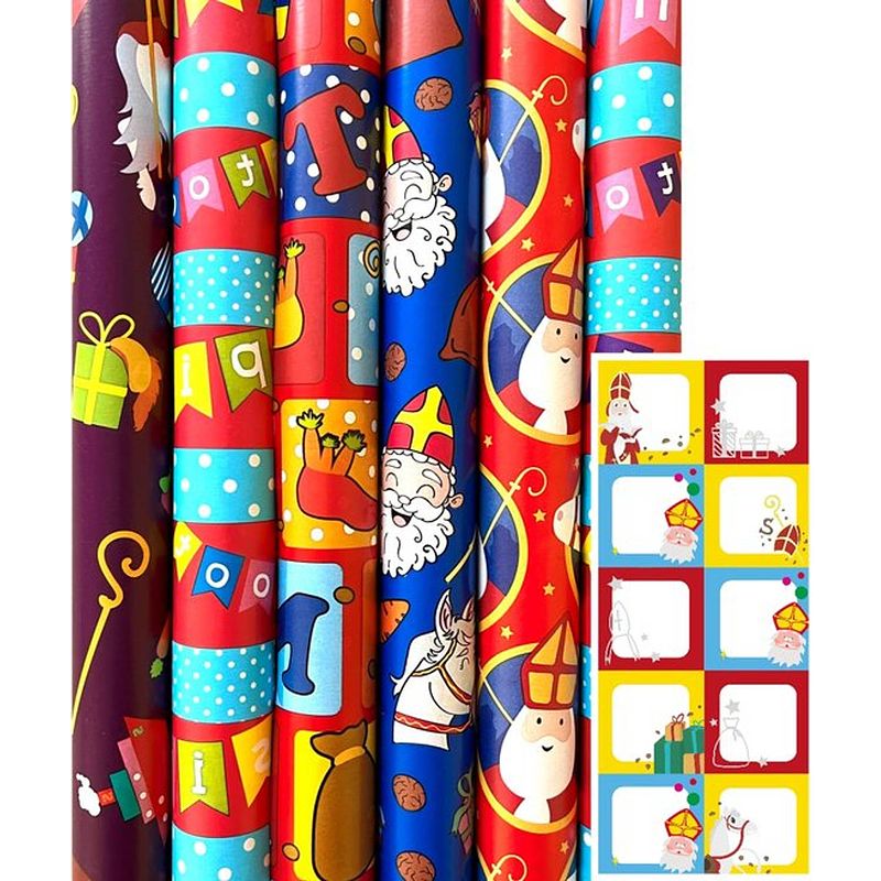 Foto van Sinterklaas sint inpakpapier cadeaupapier - 70 cm x 3 meter - 6 rollen - incl. 20 naamstickers