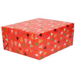 Foto van 1x rollen inpakpapier/cadeaupapier kerst print rood/gekleurde kerstbomen 250 x 70 cm luxe kwaliteit - cadeaupapier