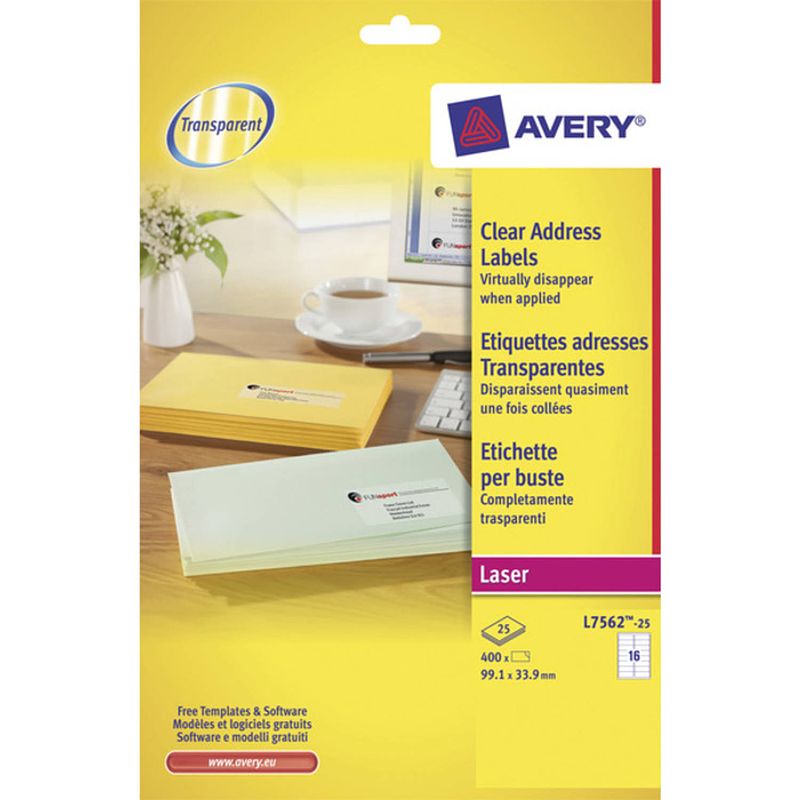 Foto van Laseretiket avery 99,1x33,9mm transparant 25 vel 16 etiketten per vel