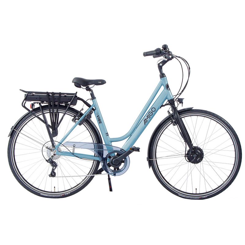 Foto van Amigo elektrische stadsfiets e-vibe d1 28 inch 51 cm dames 7v v-brakes matblauw