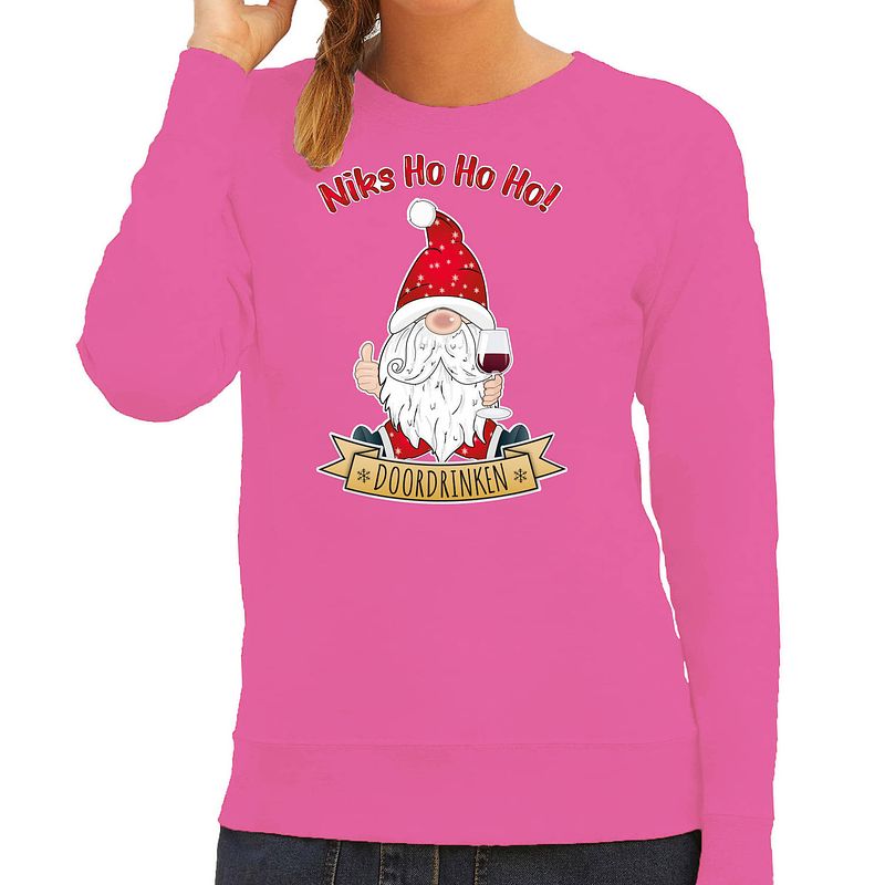 Foto van Bellatio decorations foute kersttrui/sweater dames - wijn kabouter/gnoom - roze - doordrinken xl - kerst truien