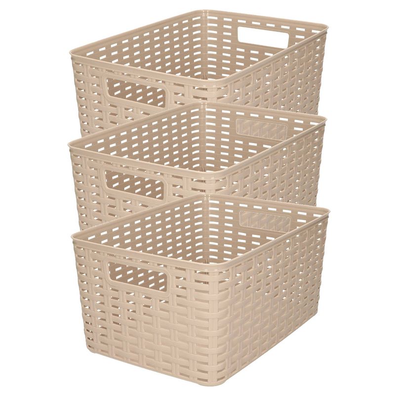 Foto van 3x stuks rotan gevlochten opbergmand/opbergbox kunststof - taupe - 22 x 33 x 16 cm - opbergbox