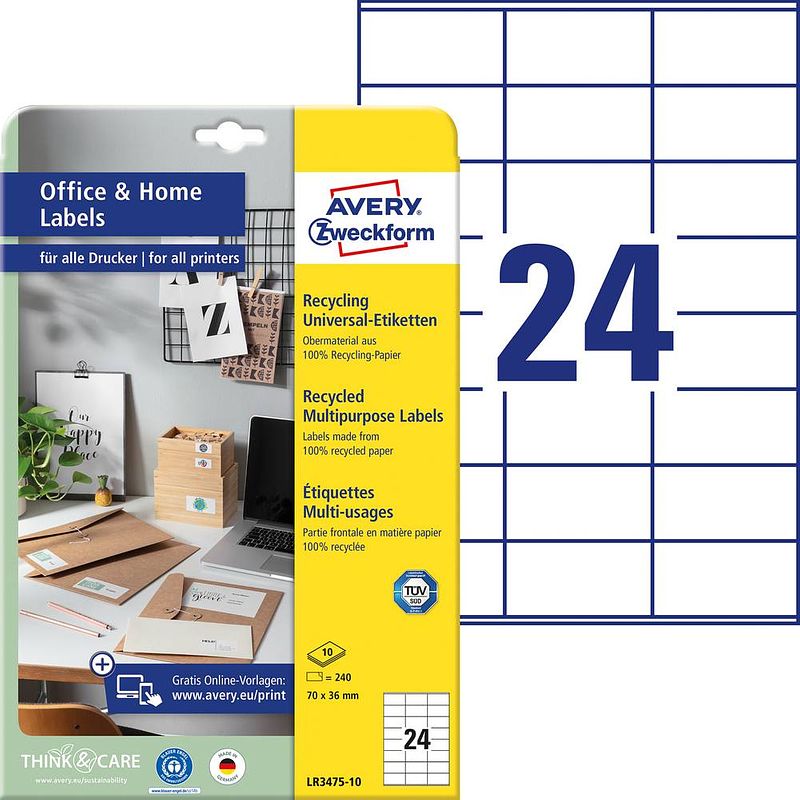 Foto van Avery-zweckform lr3475-10 etiketten 70 x 36 mm kringlooppapier wit 240 stuk(s) permanent universele etiketten 10 vel din a4