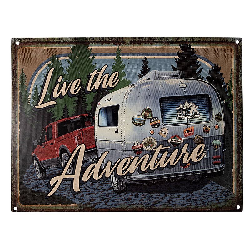 Foto van Clayre & eef tekstbord 33x25 cm blauw ijzer caravan live the adventure wandbord spreuk wandplaat blauw wandbord spreuk