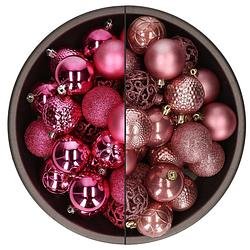 Foto van 74x stuks kunststof kerstballen mix van fuchsia roze en oudroze 6 cm - kerstbal