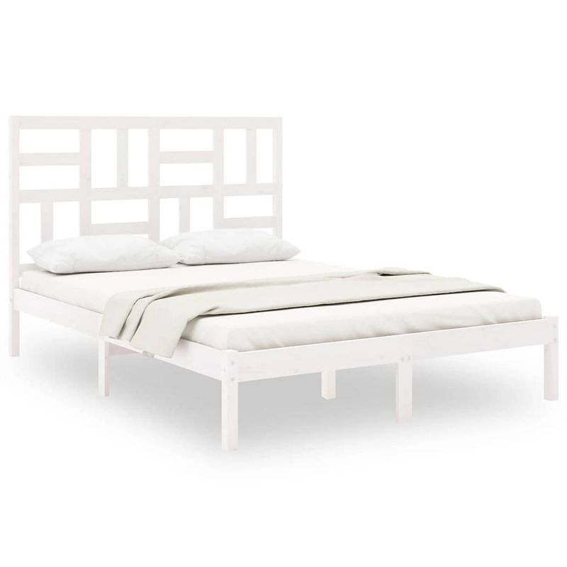 Foto van The living store houten bedframe - wit - 205.5 x 166 x 104 cm - massief grenenhout - multiplex lattenbodem