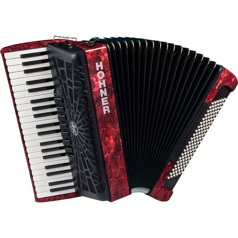 Foto van Hohner bravo iii 120 rood, silent key accordeon