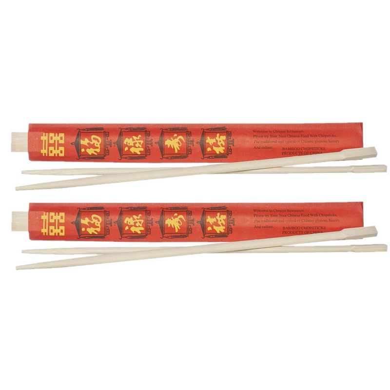 Foto van Eetstokjes gemaakt van bamboe in rood papieren zakje 8x stuks - eetstokjes