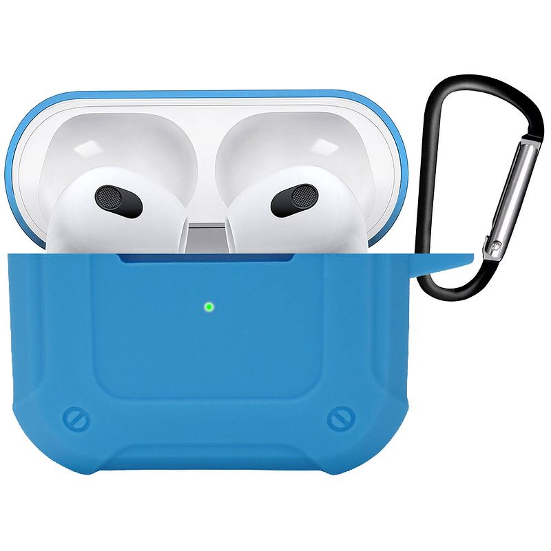 Foto van Basey hoes geschikt voor airpods 3 hoesje shock case met karabijnhaak - airpods 3 case shock hoes cover - licht blauw